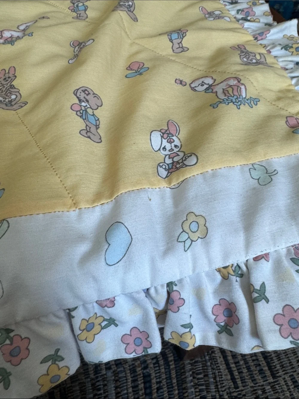 Vintage Precious Moments Quilted Baby Blanket with Ruffle Trim approx 50inX34in